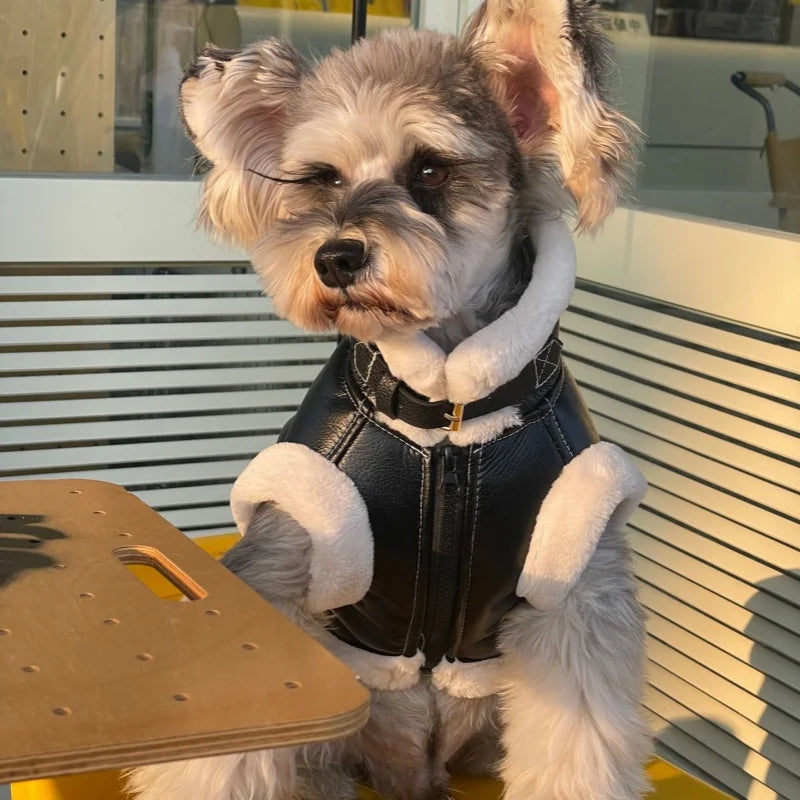 Faux Leather Dog Biker Jacket with Fur Trim