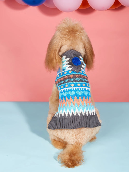Striped Dog Sweater with Fuzz Ball Hood