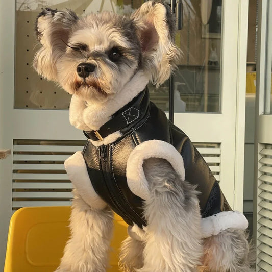 Faux Leather Dog Biker Jacket with Fur Trim