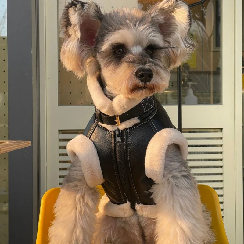 Faux Leather Dog Biker Jacket with Fur Trim