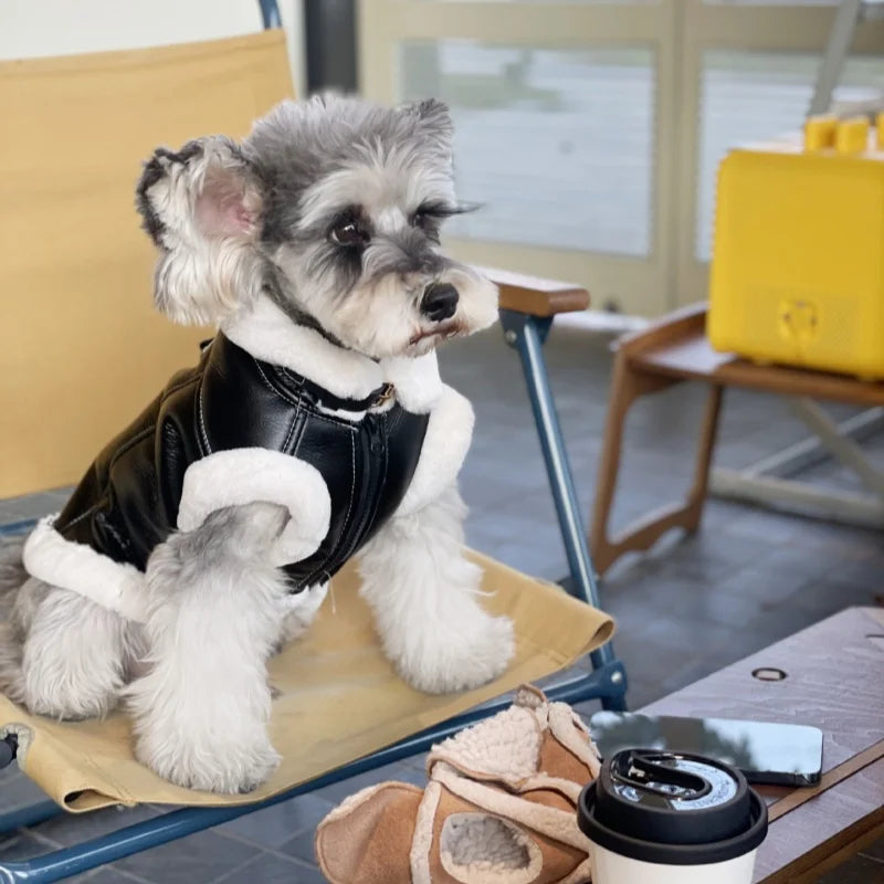 Faux Leather Dog Biker Jacket with Fur Trim