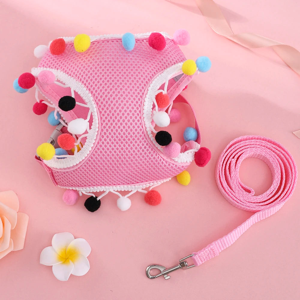 Rainbow Pom-Pom Dog Harness & Leash Set